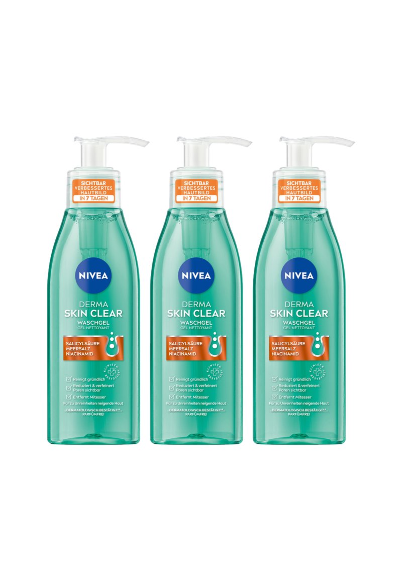 Three transparent bottles of NIVEA Derma Skin Clear facial wash gel. Each has a pump top and features teal liquid, orange accents, and labels.