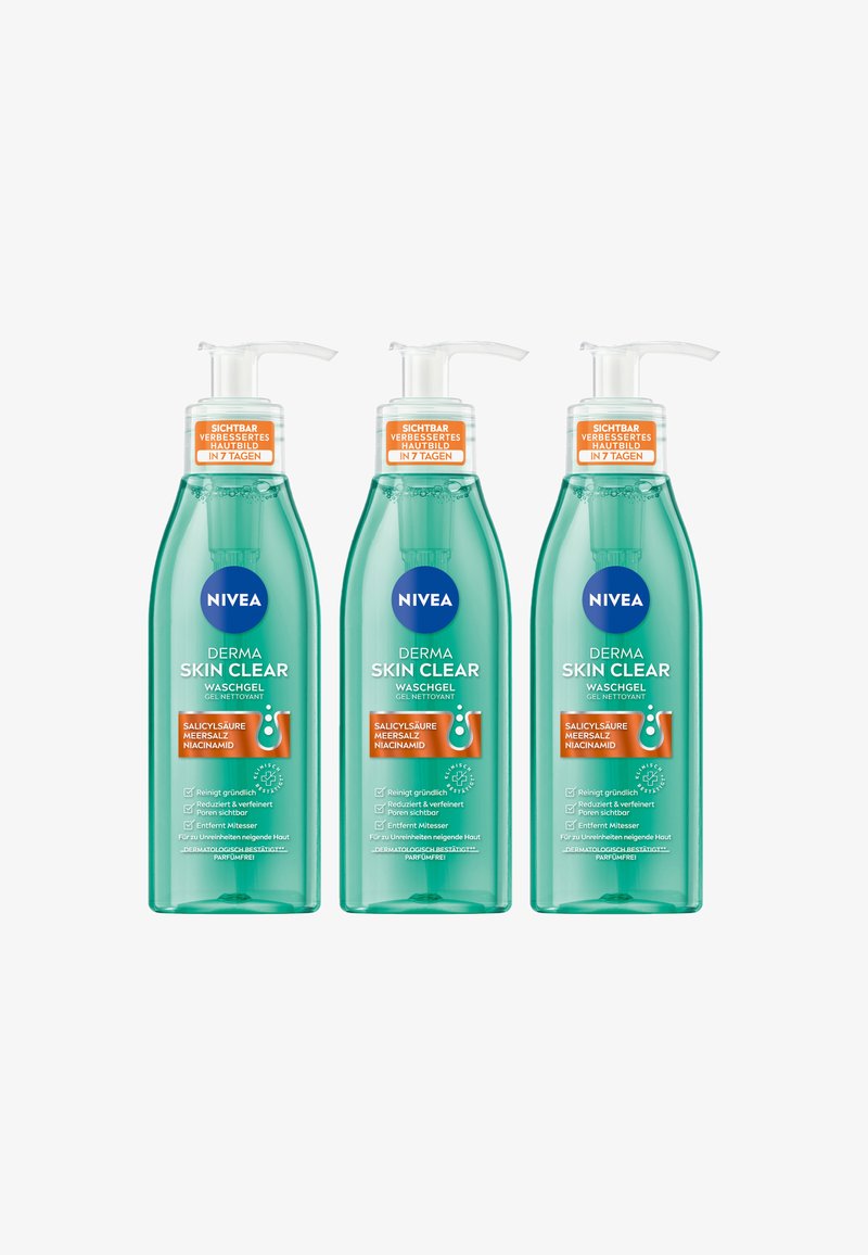 Three transparent bottles of NIVEA Derma Skin Clear facial wash gel. Each has a pump top and features teal liquid, orange accents, and labels.