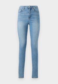 Jean skinny bleu clair en denim, avec taille haute, design à cinq poches et décoloration subtile sur les cuisses pour ajouter de la texture.