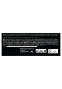Label text detailing product contents, manufacturer, distribution, multilingual instructions, and recycling symbols on a black background.