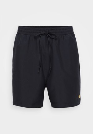 Pantaloni scurți de înot negri, dintr-un material ușor, având o talie elastică cu șnur și un mic logo auriu pe lateral.