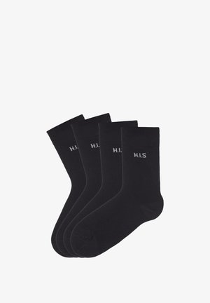 Black cotton socks, pack of four, featuring ribbed cuffs and 'H.I.S' logo in white near the ankle; smooth texture and standard crew length.