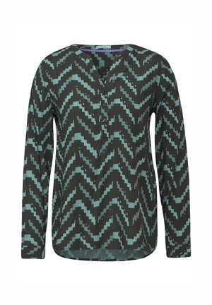 T-shirt à manches longues noir avec un motif zigzag turquoise. Doté d'un décolleté en V et d'une patte de boutonnage. Tissu doux et extensible avec une coupe décontractée.