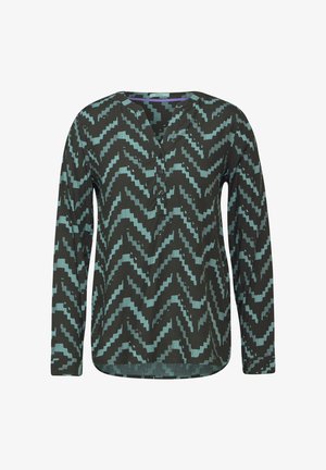 Pitkähihaisessa mustassa puserossa on teal-värinen sahalaitakuvio. Siinä on V-kaula-aukko ja nappilista. Pehmeä, joustava kangas, joka on rento malli.