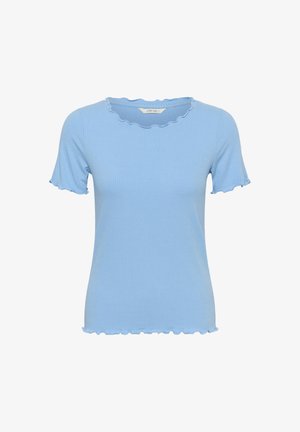 Top albastru cu mâneci scurte, cu model cu dungi și decolteu și tiv ondulat. Confecționat dintr-un material moale, cu un design strâns și țesătură texturată.