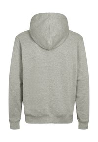 Harmaa huppari, jossa on hupullinen, pitkät hihat, resorit hihansuissa ja teksturoitu kangaspinta. Takakuvasta näkyy yksinkertainen muotoilu ilman logoja.