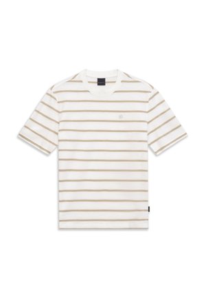Weißes T-Shirt mit kurzen Ärmeln, horizontalen beigen Streifen und einem kleinen runden Logo auf der linken Brustseite.