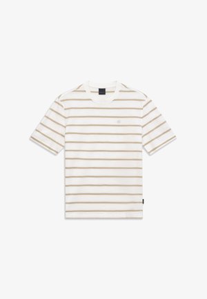 Weißes T-Shirt mit kurzen Ärmeln, horizontalen beigen Streifen und einem kleinen runden Logo auf der linken Brustseite.