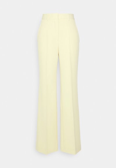 Light yellow tailored trousers with a high waist, wide legs, and pressed creases. Smooth fabric with a polished finish.