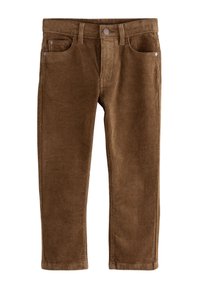 Pantalon en velours côtelé marron, coupe droite, avec deux poches avant, une fermeture à bouton, et une texture côtelée visible.