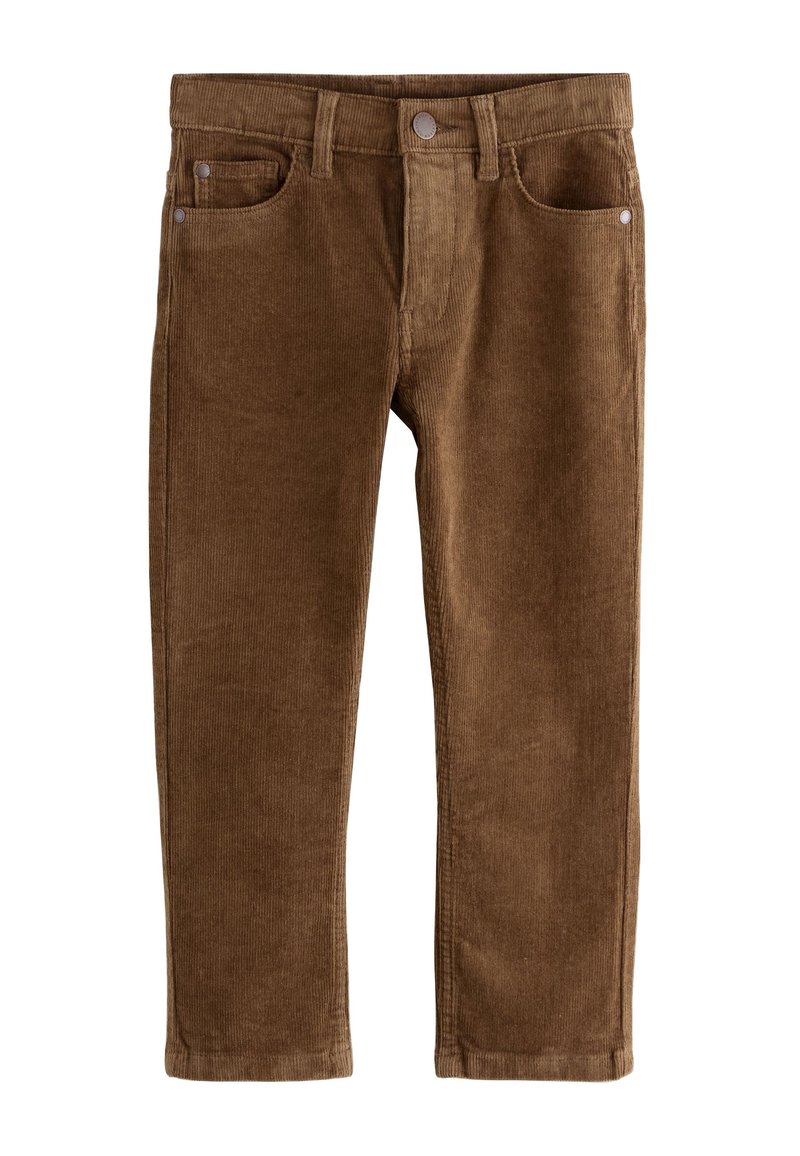 Pantalon en velours côtelé marron, coupe droite, avec deux poches avant, une fermeture à bouton, et une texture côtelée visible.