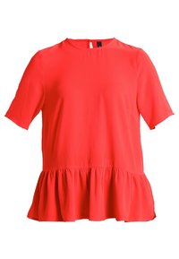 Rode blouse met korte mouwen van lichte stof, met een ronde halslijn en een peplum onderrand voor een uitlopende vorm aan de onderkant.