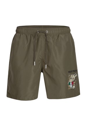 Olivgrüne Herren-Badeshorts mit elastischem Bund und Kordelzug, mit kleinem Teddybär-Motiv und dem Schriftzug „1969 Italia“ am Bein.