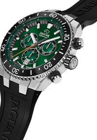 Jaguar keramický hodinky so zeleným ciferníkom, puzdrom z nehrdzavejúcej ocele, čiernym bezélom, funkciami chronografu a čiernym gumovým remienkom s logom.
