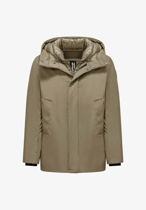 Khaki capuchonjack met een gladde buitenkant, twee zijzakken en een dikke, gevoerde binnenkant; voorzien van drukknopen en rits.