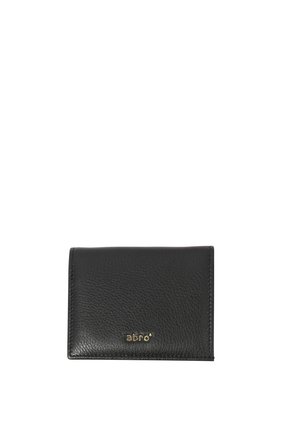 Black textured leather wallet with gold "abrò" logo centered on front, rectangular shape and simple stitched edges.