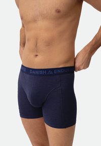 Ropa interior masculina azul marino hecha de tela suave, con una amplia pretina elástica que lleva las marcas "DANISH" y "ENDURANCE" en azul contrastante.