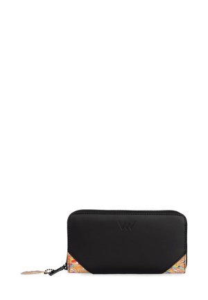 Black leather wallet with a textured cork accent; features a zip closure, embossed logo, and a decorative tassel.