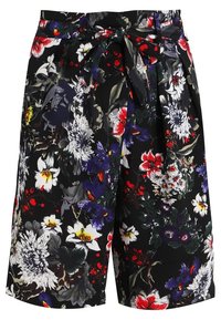 Floral print shorts with a black background, made of lightweight fabric. Features a high waist, pleats, and a tied waist belt detail.