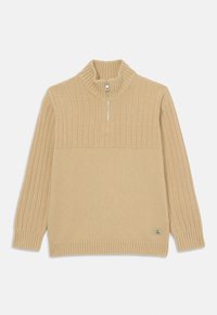 Beige zip-necksweater med ribbet tekstur, lange ermer og en glatt underdel. Har en liten logomerke på kanten.