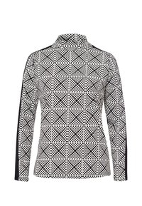 Langemouwig, hooggesloten shirt met zwart-wit geometrisch stippenpatroon en effen zwarte strepen die langs de mouwen lopen.