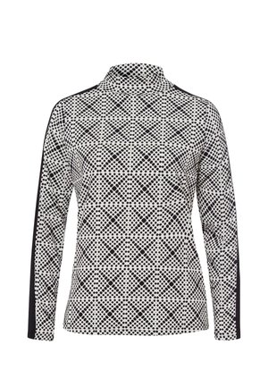Langemouwig, hooggesloten shirt met zwart-wit geometrisch stippenpatroon en effen zwarte strepen die langs de mouwen lopen.