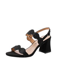 Sandali con tacco in suede nero, caratterizzati da un tacco a blocco, cinture ondulate con dettagli in strass e design open-toe. Cinturino alla caviglia regolabile.