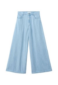 Lichtblauwe denim broek met hoge taille, wijde pijpen, voorzakken, ceintuurlussen, knoopsluiting en ritssluiting.