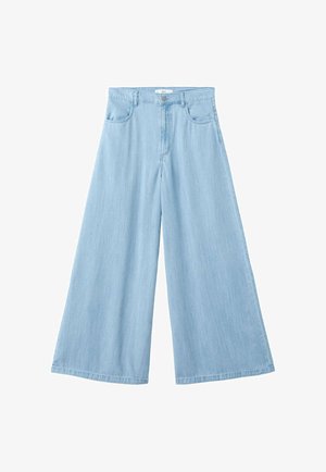 Pantalon en jean bleu clair taille haute à jambes larges, avec poches avant, passants pour ceinture, fermeture par bouton et braguette zippée.