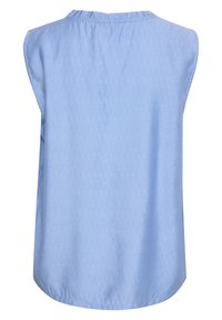 Light blue, sleeveless top with a round neckline and pleated detail at the back, made of a smooth fabric with a subtle texture.