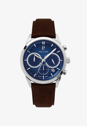 Kronograf ura z modrim teksturiranim številčnico, srebrnimi akcenti in rjavim usnjenim trakom. Funkcije vključujejo prikaz datuma in tri podštevce.