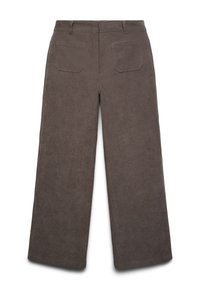Braune Cord-Hosen mit weitem Bein und gerippter Struktur, ausgestattet mit zwei Gesäßtaschen und einem taillierten Bund.
