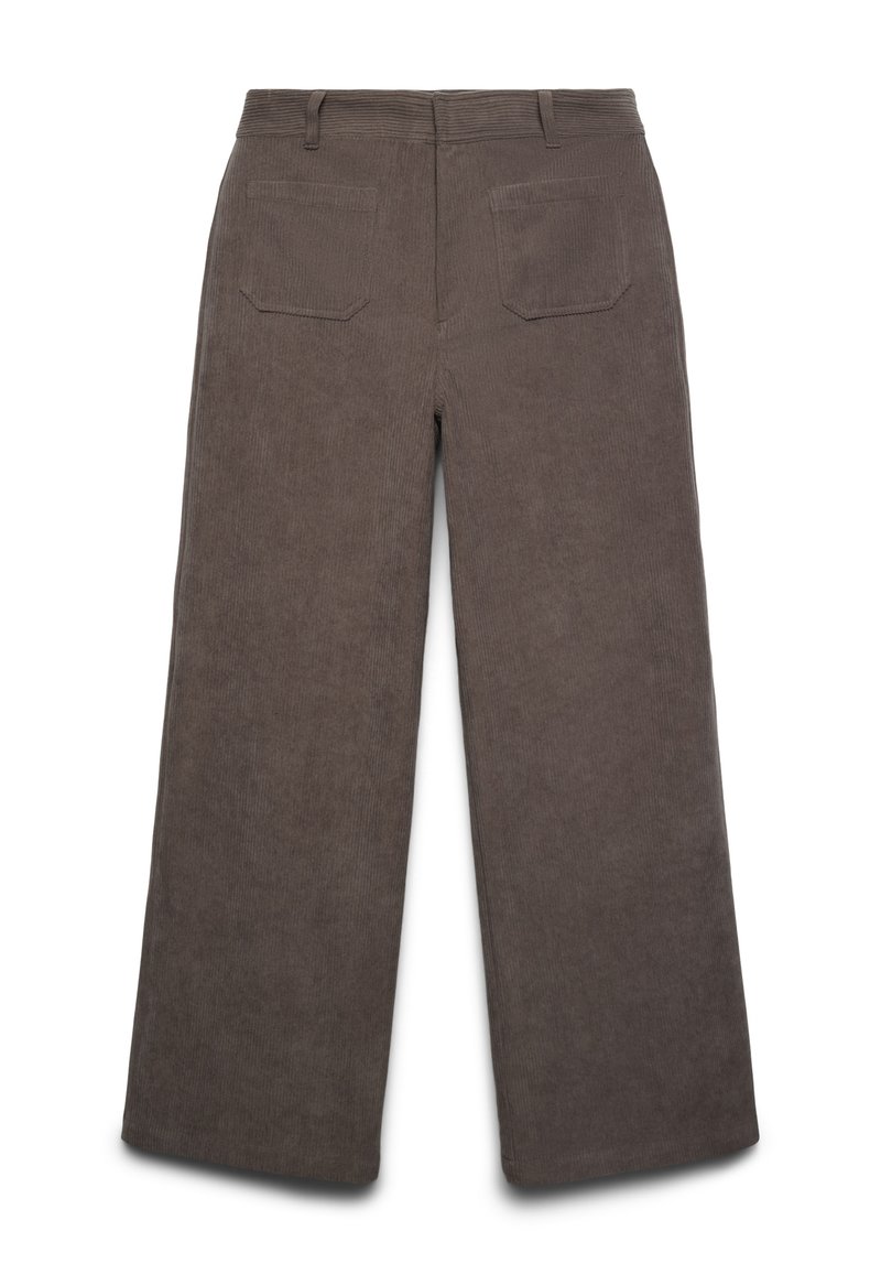 Braune Cord-Hosen mit weitem Bein und gerippter Struktur, ausgestattet mit zwei Gesäßtaschen und einem taillierten Bund.