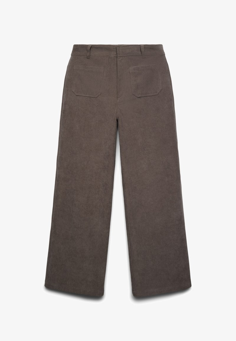 Braune Cord-Hosen mit weitem Bein und gerippter Struktur, ausgestattet mit zwei Gesäßtaschen und einem taillierten Bund.