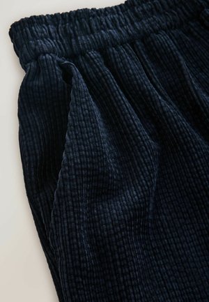 Navy blue corduroy pants with elastic waistband and side pocket, displaying textured vertical ridges on fabric.