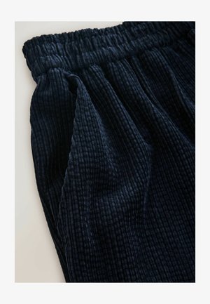 Mørkeblå kordfløjspants med elastisk talje og sidelomme, der viser teksturerede lodrette ribber på stoffet.