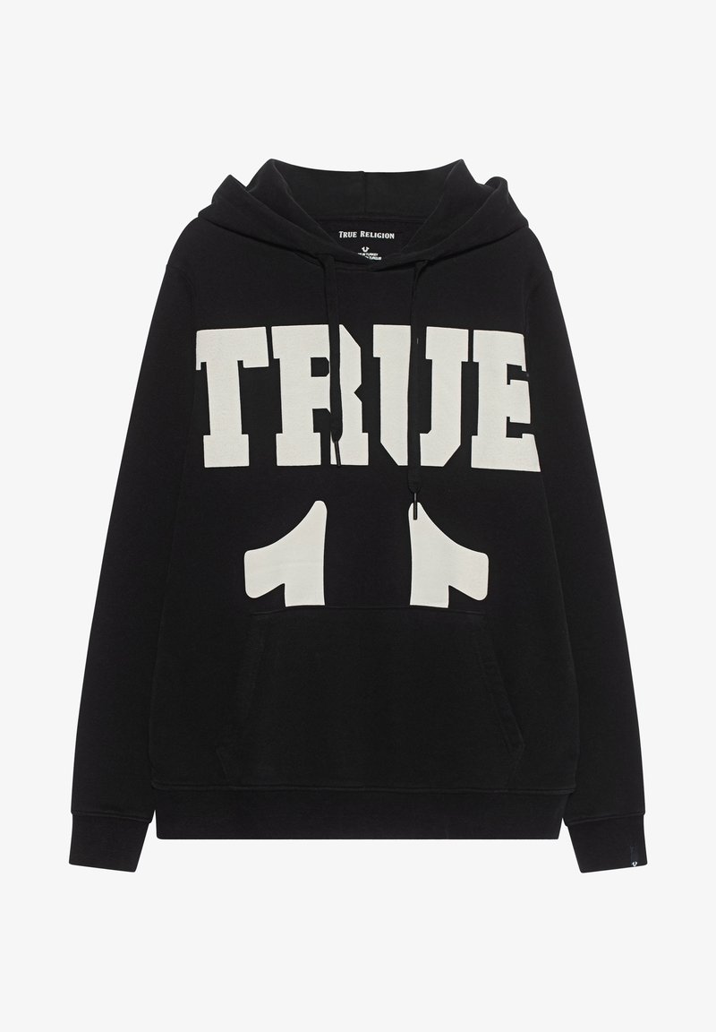 Sweat à capuche noir avec un grand texte blanc "TRUE 11" sur le devant, avec une poche kangourou et des cordons à la capuche.