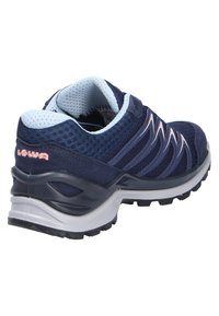 Navy blue athletic shoe with mesh material, padded collar, white and gray sole, and zigzag design accents on the side.