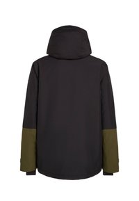 Veste noire avec capuche, présentant des manches à accent vert. Le matériau semble lisse ; le design est simple sans motifs ni accessoires visibles.