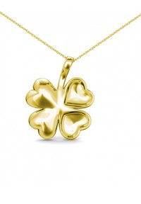 Gouden hanger in de vorm van een klavertje vier met hartvormige bladeren, met een gladde, reflecterende oppervlakte en een slanke ketting.