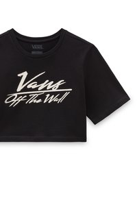T-shirt noir court à manches courtes avec le logo blanc "Vans Off The Wall" centré sur le devant.