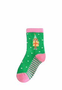 Calzino verde con pois bianchi, punta e bordo a strisce rosa. Presenta un design colorato di regali e personaggi sul lato. Materiale misto cotone.