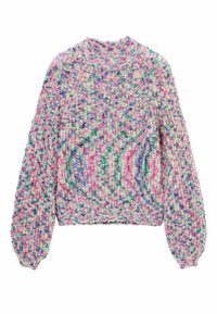Gruby sweter dzianinowy w wielokolorowy wzór w odcieniach różu, zieleni, niebieskiego i białego, z okrągłym dekoltem i długimi bufiaste rękawami.