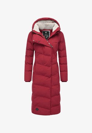 Rote Pufferjacke mit Kapuze, ausgestattet mit einem gesteppten Design, glatter Textur und einem mit Sherpa gefütterten Kragen. Mit Frontreißverschluss und Taschendetails.