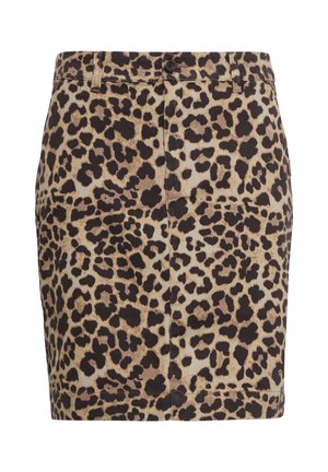 Minirock aus Denim im Leopardenmuster mit tailliertem Schnitt, ausgestattet mit einem Knopfverschluss und feiner, strukturierter Oberfläche in beige- und Brauntönen.