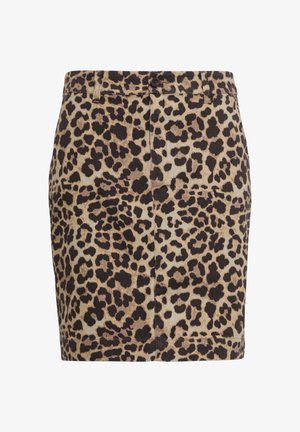 Jupe mini en denim imprimé léopard avec une coupe ajustée, dotée d'une fermeture à bouton et d'une finition texturée subtile dans des tons beige et marron.