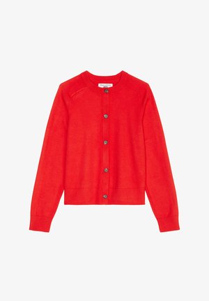 Roter Cardigan aus weichem Stoff, mit Rundhalsausschnitt, langen Ärmeln und Knopfverschluss mit grauen Knöpfen. Gerippte Bündchen und Saum.