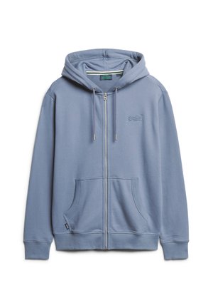 Lichtblauwe rits-hoodie van zachte stof, met een verstelbare capuchon, voorzakken en een subtiele logo op de borst.