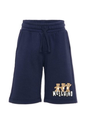 Pantaloncini blu navy con vita elastica e coulisse, con tre orsetti giocosi e la scritta "MOSCHINO" sulla gamba sinistra.