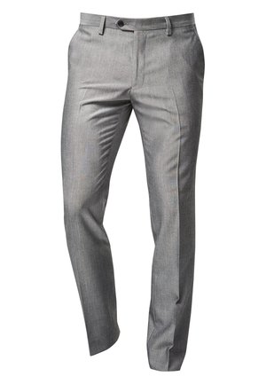 Graue maßgeschneiderte Hose aus strukturiertem Stoff, schmaler Schnitt, vordere Falten, Knopfverschluss und Seitentaschen. Glatte Oberfläche insgesamt.
